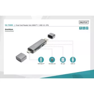 Digitus kettős OTG kártyaolvasó (USB-C   USB 3.0) 1x SD, 1x MicroSD, 1x USB 3.0, szürke