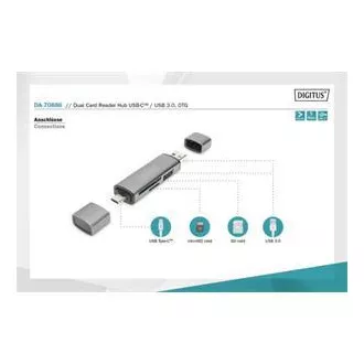 Digitus kettős OTG kártyaolvasó (USB-C   USB 3.0) 1x SD, 1x MicroSD, 1x USB 3.0, szürke
