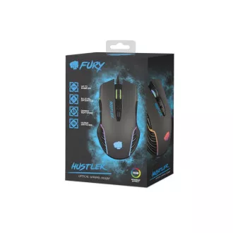 Fury Gaming Mouse Hustler, játék, 6400DPI, USB, optikai, vezetékes, RGB, 7 gomb, kábel hossza 1,6m, fekete
