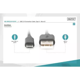 Digitus USB 2.0 kábel USB A hím USB micro B hímre, 2x árnyékolt, réz, 1m