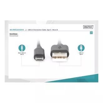 Digitus USB 2.0 kábel USB A hím USB micro B hímre, 2x árnyékolt, réz, 1m