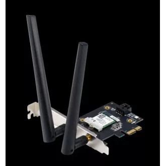 ASUS PCE-AXE5400, WiFi 6E PCI-E adapter 2 külső antennával. 6 GHz, 160 MHz, Bluetooth 5.2 támogatás.