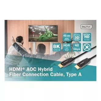 Digitus HDMI AOC hibrid optikai kábel, A típus M/M, 10m, UHD 8K@60Hz, CE, arany, kék