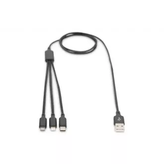 USB töltőkábel, 3 az 1-ben , USB A - Lightning micro B Type-C 1m, kábel, pamut, CE, bl