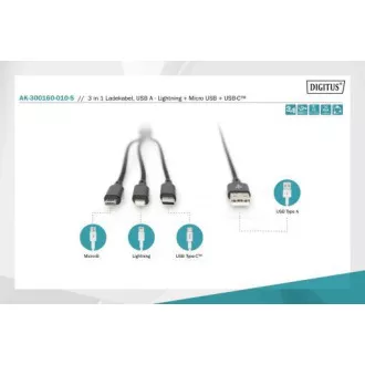 USB töltőkábel, 3 az 1-ben , USB A - Lightning micro B Type-C 1m, kábel, pamut, CE, bl