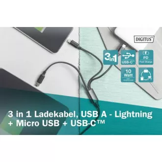 USB töltőkábel, 3 az 1-ben , USB A - Lightning micro B Type-C 1m, kábel, pamut, CE, bl