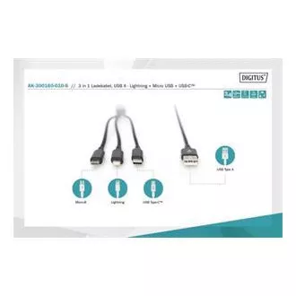 USB töltőkábel, 3 az 1-ben , USB A - Lightning micro B Type-C 1m, kábel, pamut, CE, bl