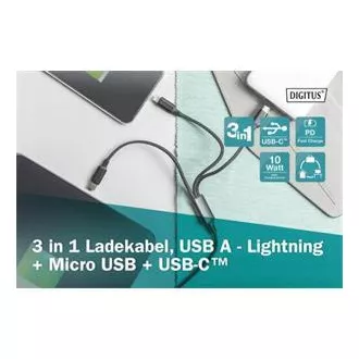 USB töltőkábel, 3 az 1-ben , USB A - Lightning micro B Type-C 1m, kábel, pamut, CE, bl