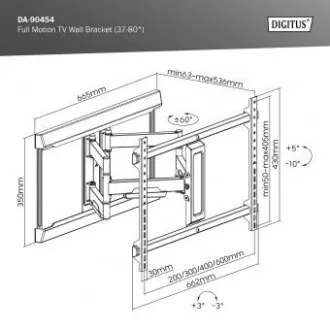 DIGITUS Teljesen mozgatható TV fali tartó 37-80", max. 60 kg terhelés, VESA: 200x100, 200x200, 300x200, 400x200, 300x300, 400x300, 400x300