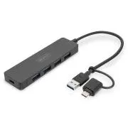 Digitus USB 3.0 Hub 4 portos, Slim Line, 0,2 m kábel