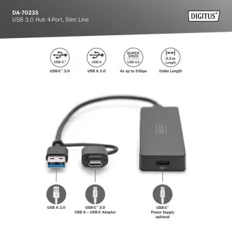 Digitus USB 3.0 Hub 4 portos, Slim Line, 0,2 m kábel