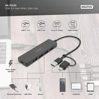 Digitus USB 3.0 Hub 4 portos, Slim Line, 0,2 m kábel