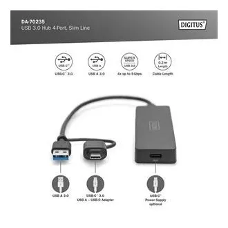 Digitus USB 3.0 Hub 4 portos, Slim Line, 0,2 m kábel