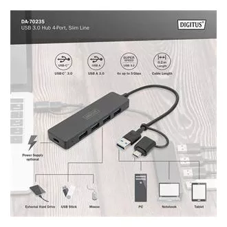 Digitus USB 3.0 Hub 4 portos, Slim Line, 0,2 m kábel