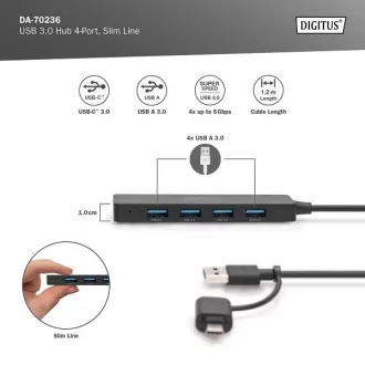 Digitus USB 3.0 Hub 4 portos, Slim Line, 1,2 m-es kábellel