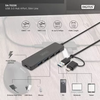 Digitus USB 3.0 Hub 4 portos, Slim Line, 1,2 m-es kábellel