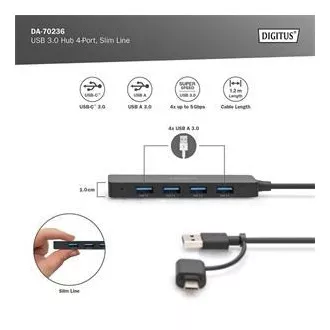 Digitus USB 3.0 Hub 4 portos, Slim Line, 1,2 m-es kábellel