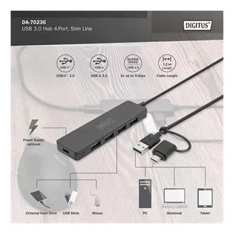 Digitus USB 3.0 Hub 4 portos, Slim Line, 1,2 m-es kábellel
