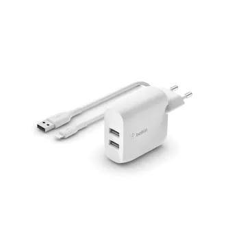 Belkin BOOST CHARGE™ Dual 24W USB-A fali töltő   1m villámkábel, fehér