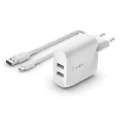 Belkin BOOST CHARGE™ Dual 24W USB-A fali töltő   1m USB-C kábel, fehér