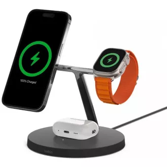 Belkin BOOST CHARGE™ PRO MagSafe 3in1 vezeték nélküli töltés iPhone-hoz/Apple Watch-hoz/AirPods-hoz, fekete - ÚJ