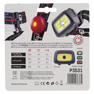 Emos LED-es fejlámpa P3531, 330 lm, 65m, 1x CREE   1x COB   piros hátsó LED, 3x AAA  CR2032