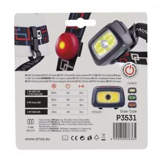 Emos LED-es fejlámpa P3531, 330 lm, 65m, 1x CREE   1x COB   piros hátsó LED, 3x AAA  CR2032