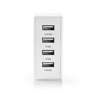Nedis WCHAU481AWT- Hálózati töltő | 24 W | Gyorstöltési funkció | 4x 2,4 A | 4 kimenet | 4x USB-A | Fehér színű