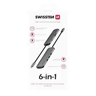 SWISSTEN 6-IN-1 USB-C HUB (USB-C PD, 3x USB 3.0, SD, MICRO SD) ALUMÍNIUM SWISSTEN 6-IN-1 USB-C HUB (USB-C PD, 3x USB 3.0, SD, MICRO SD) ALUMÍNIUM