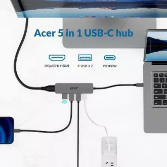 Acer 5IN1 Mini Dock statioType- C dongle, 1x HDMI (akár 3840x2160@60hz), 3x USB 3.0 5Gbps port, 1x Type-C akár 100W PD port (host)