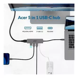 Acer 5IN1 Mini Dock statioType- C dongle, 1x HDMI (akár 3840x2160@60hz), 3x USB 3.0 5Gbps port, 1x Type-C akár 100W PD port (host)