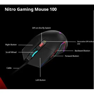 ACER NITRO NMW100 egér, fekete, akár 7200 DPI, vezetékes, 6 gombos, kiskereskedelmi csomagolás