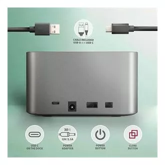 AXAGON ADSA-DC, USB-C 5Gbps - 2x SATA 6G 2,5"/3,5" SSD/HDD CLONE DUAL dokkolóállomás AXAGON ADSA-DC, USB-C 5Gbps - 2x SATA 6G 2,5"/3,5" SSD/HDD CLONE DUAL dokkolóállomás