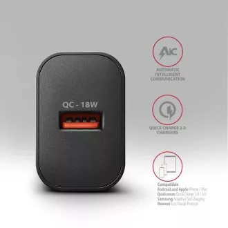 AXAGON ACU-QC18, 18W-os hálózati töltő, 1x USB-A port, QC3.0/AFC/Apple, fekete színű