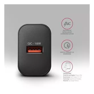 AXAGON ACU-QC18, 18W-os hálózati töltő, 1x USB-A port, QC3.0/AFC/Apple, fekete színű