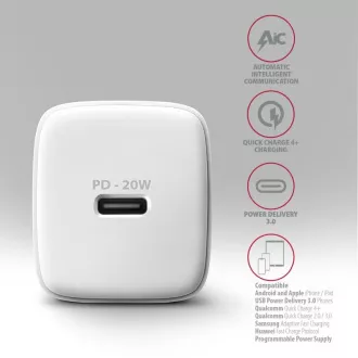 AXAGON ACU-PD20W, 20W-os hálózati töltő, 1x USB-C port, PD3.0/PPS/QC4 /AFC/Apple, fehér színben