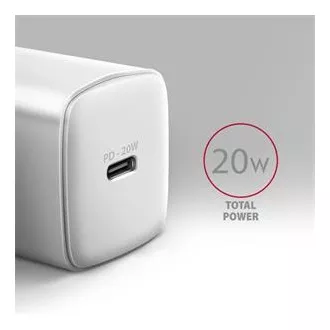 AXAGON ACU-PD20W, 20W-os hálózati töltő, 1x USB-C port, PD3.0/PPS/QC4 /AFC/Apple, fehér színben