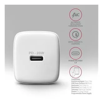 AXAGON ACU-PD20W, 20W-os hálózati töltő, 1x USB-C port, PD3.0/PPS/QC4 /AFC/Apple, fehér színben