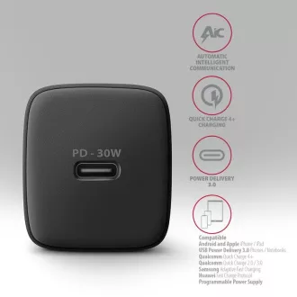 AXAGON ACU-PD30, Teljesítménytöltő 30W, 1x USB-C port, PD3.0/PPS/QC4 /SFC/AFC/Apple, fekete színű