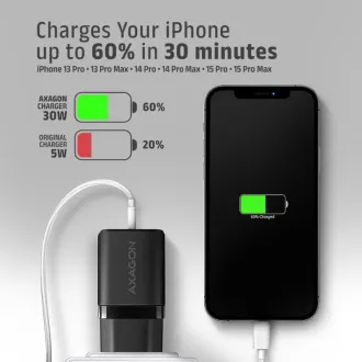 AXAGON ACU-PD30, Teljesítménytöltő 30W, 1x USB-C port, PD3.0/PPS/QC4 /SFC/AFC/Apple, fekete színű