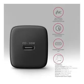 AXAGON ACU-PD30, Teljesítménytöltő 30W, 1x USB-C port, PD3.0/PPS/QC4 /SFC/AFC/Apple, fekete színű