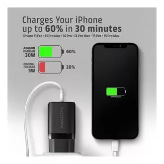 AXAGON ACU-PD30, Teljesítménytöltő 30W, 1x USB-C port, PD3.0/PPS/QC4 /SFC/AFC/Apple, fekete színű