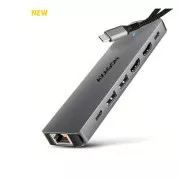 AXAGON HMC-7HX2, USB 5Gbps hub, 2x USB-A, USB-C, 2x HDMI 4k/60Hz, RJ-45 GLAN, PD 100W, USB-C kábel 15cm