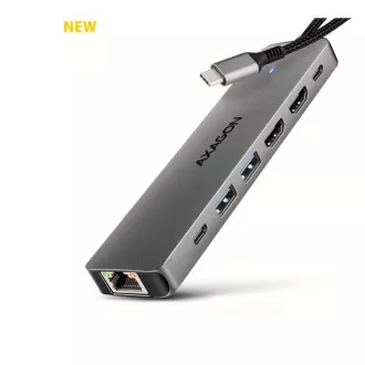 AXAGON HMC-7HX2, USB 5Gbps hub, 2x USB-A, USB-C, 2x HDMI 4k/60Hz, RJ-45 GLAN, PD 100W, USB-C kábel 15cm