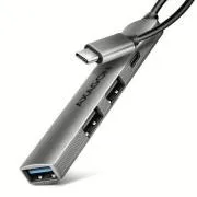 AXAGON HUE-STC, 4x USB ALU STRIP hub, 1x USB-A 5 Gbps, 2x USB-A és 1x USB-C 480 Mbps, 12 cm-es USB-C kábel