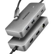AXAGON HMC-CUB83X2, 10 Gbps-es USB-elosztó, 2x USB-A, USB-C, HDMI és DP 4K/144 Hz, RJ-45 GLAN, PD 100 W, 15 cm-es USB-C-kábel