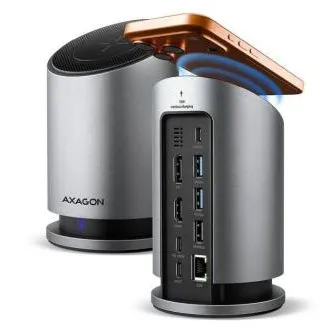 AXAGON HMC-WL9, 10 Gbps-es USB-elosztó Qi-támogatással, 3x USB-A, USB-C, HDMI és DP 4K/60 Hz, RJ-45 LAN, PD 100 W, 60 cm-es USB-C-kábel