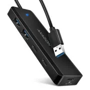 AXAGON HUE-C2A, 4× USB 5 Gbps utazó hub, 2× USB-A   2× USB-C, USB-C-s tápellátás, 19 cm-es USB-A-kábel