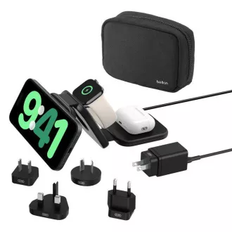 Belkin BOOST CHARGE™ PRO Qi2 3in1 vezeték nélküli, összecsukható utazótámasz iPhone-hoz/Apple Watch-hoz/AirPods-hoz, fekete   adapterek