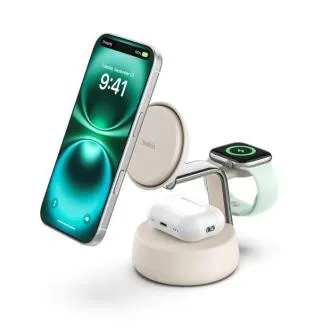 Belkin UltraCharge PRO Qi2 25 W-os 3 az 1-ben mágneses töltő iPhone/Apple Watch/AirPods készülékekhez, homokszínű Belkin UltraCharge PRO Qi2 25 W-os 3 az 1-ben mágneses töltő iPhone/Apple Watch/AirPods készülékekhez, homokszínű